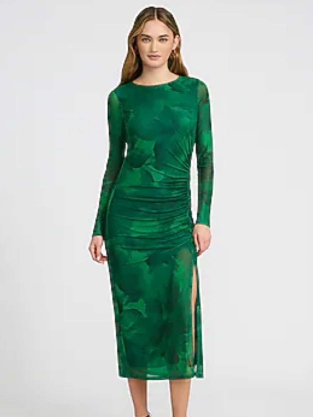 Express Emerald Green Long-Sleeve Ruched Midi Dress